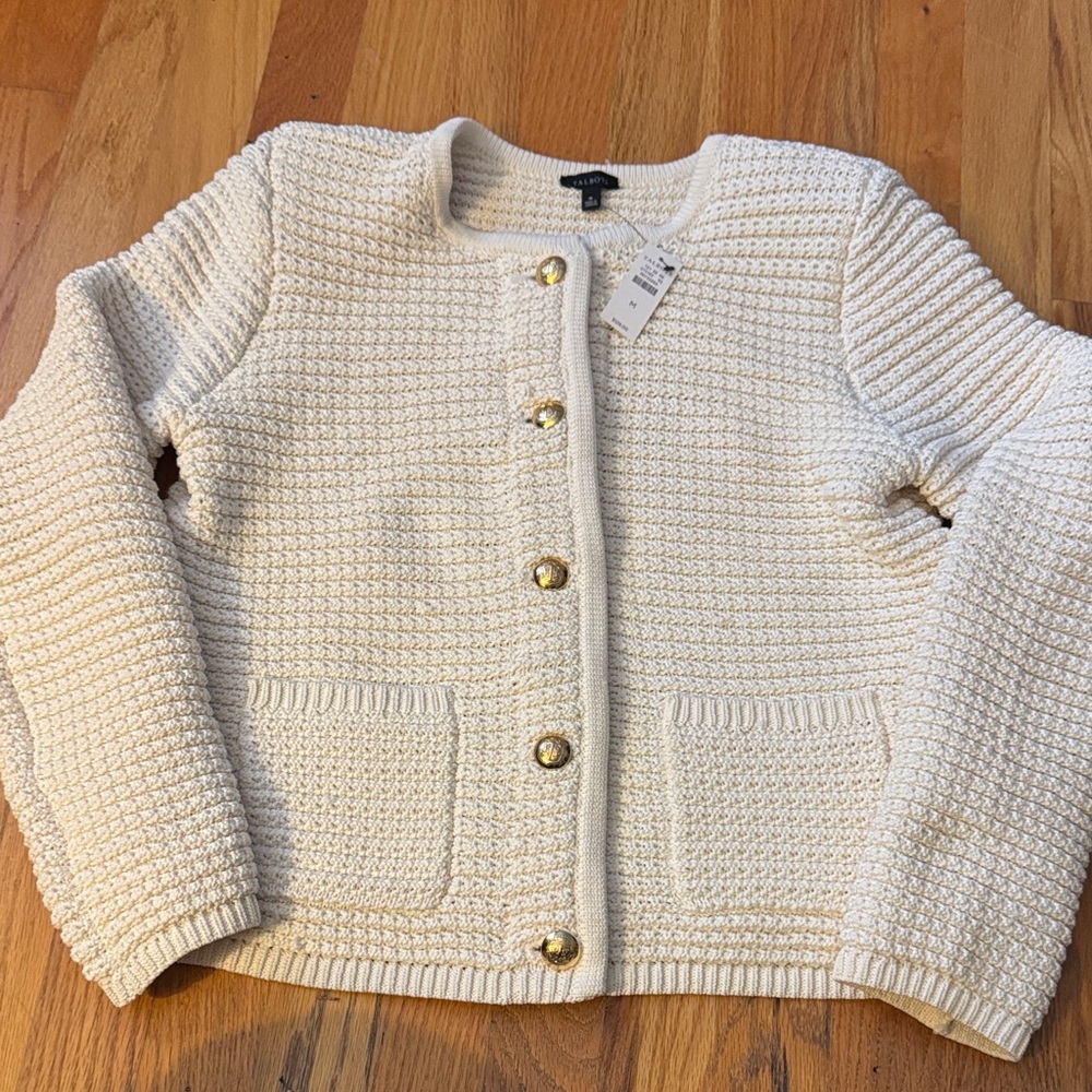 NWT Talbots Cream Knit Jacket Cardigan with Gold Accents